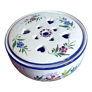 Vintage Hand Painted RCCL Portugal Pottery Floral Bowl & Lid w/ Heart Cutouts